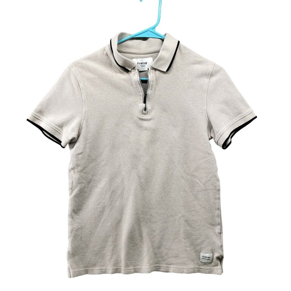 Firetrap London 1/4 Zip Polo Shirt Mens Small S Beige Short Sleeve‎ Cotton